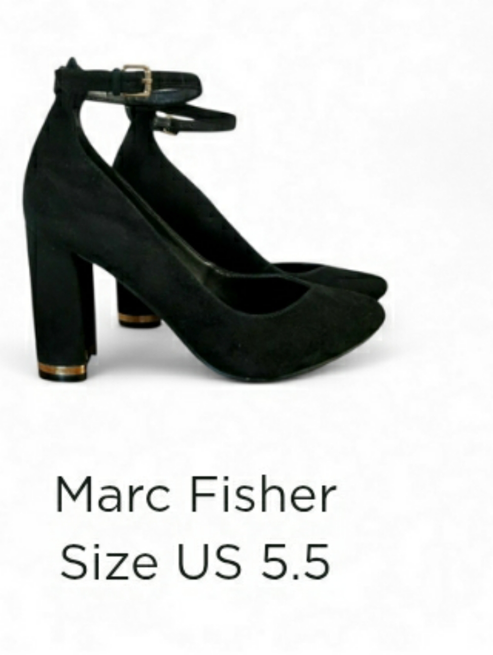 Marc Fisher Black Suede 3" Heels w/ Ankle  Strap & Gold Accent